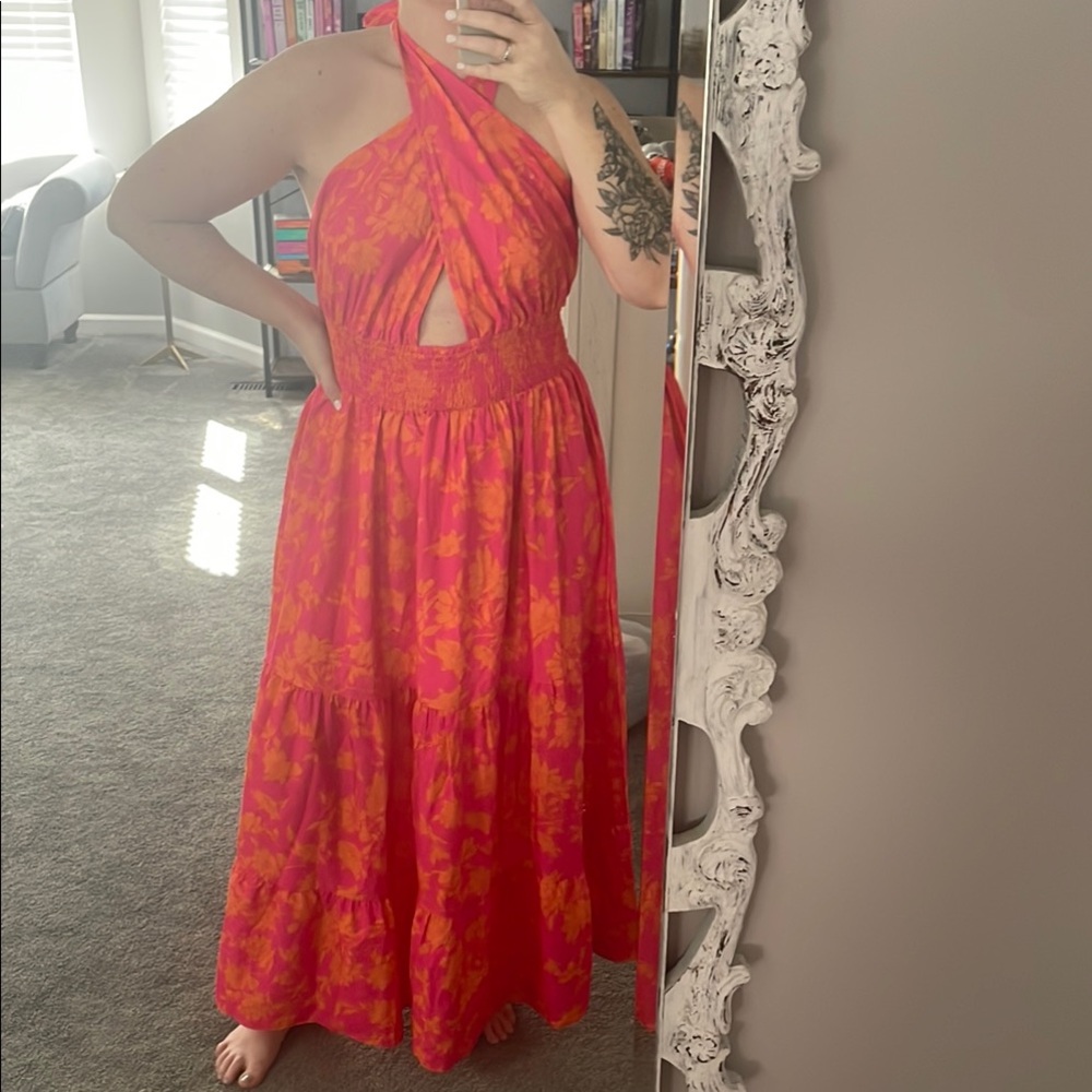 Floral Halter Maxi Dress in Bright Pink and Orange